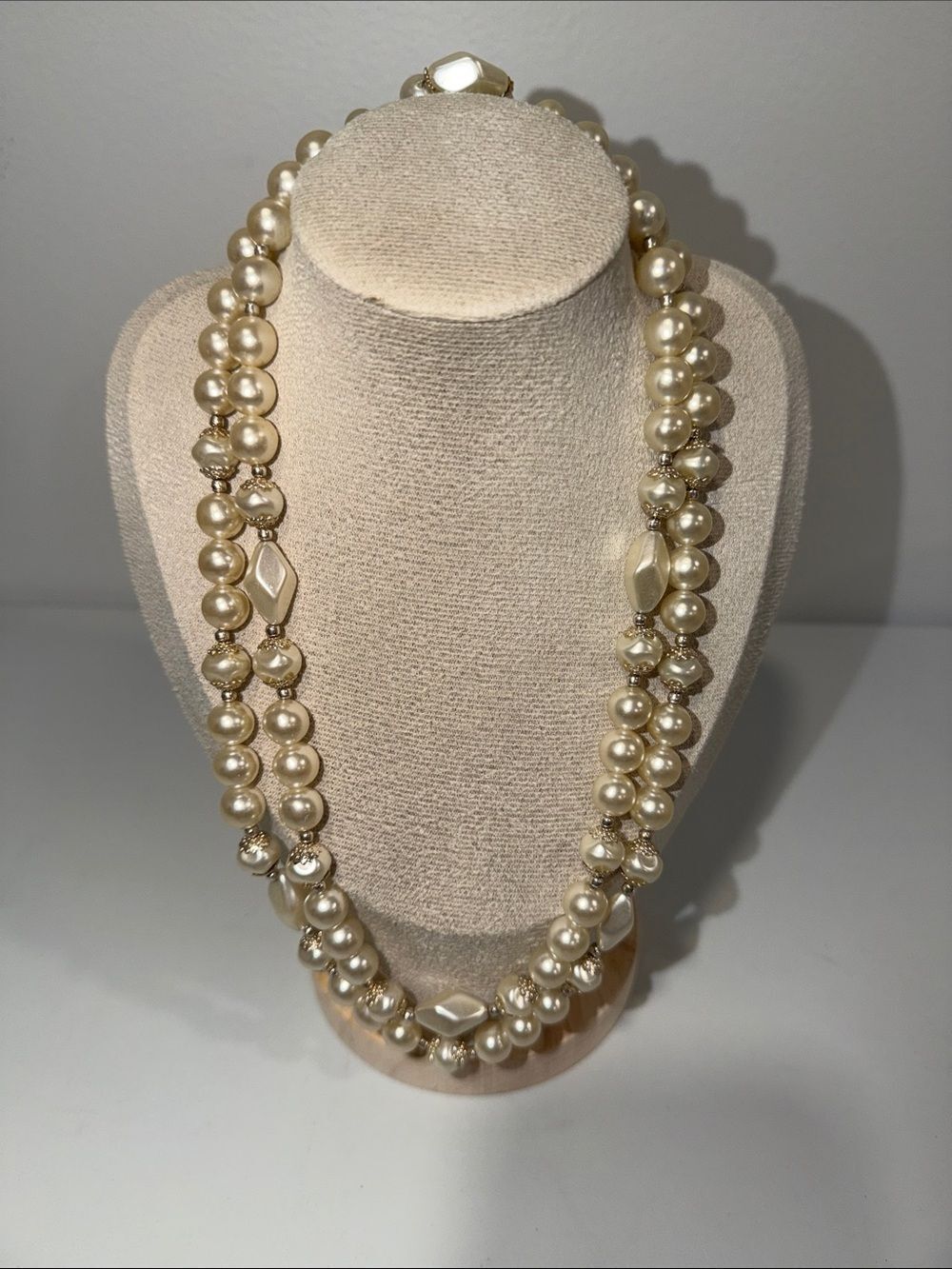 Vintage 60-70’s Japan Gold Tone Faux Pearl Double Strand Necklace